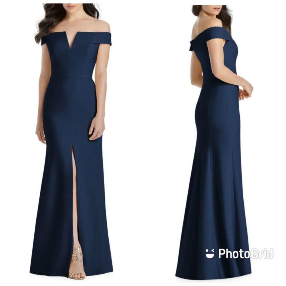 Dessy Collection Women's Navy Notched Off the Shoulder Crepe Gown Size 2